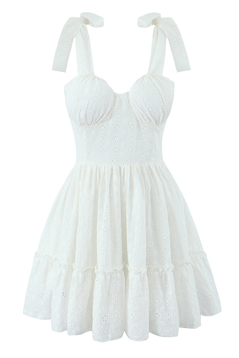 Bow Straps White Flower Embroidery Short Dress