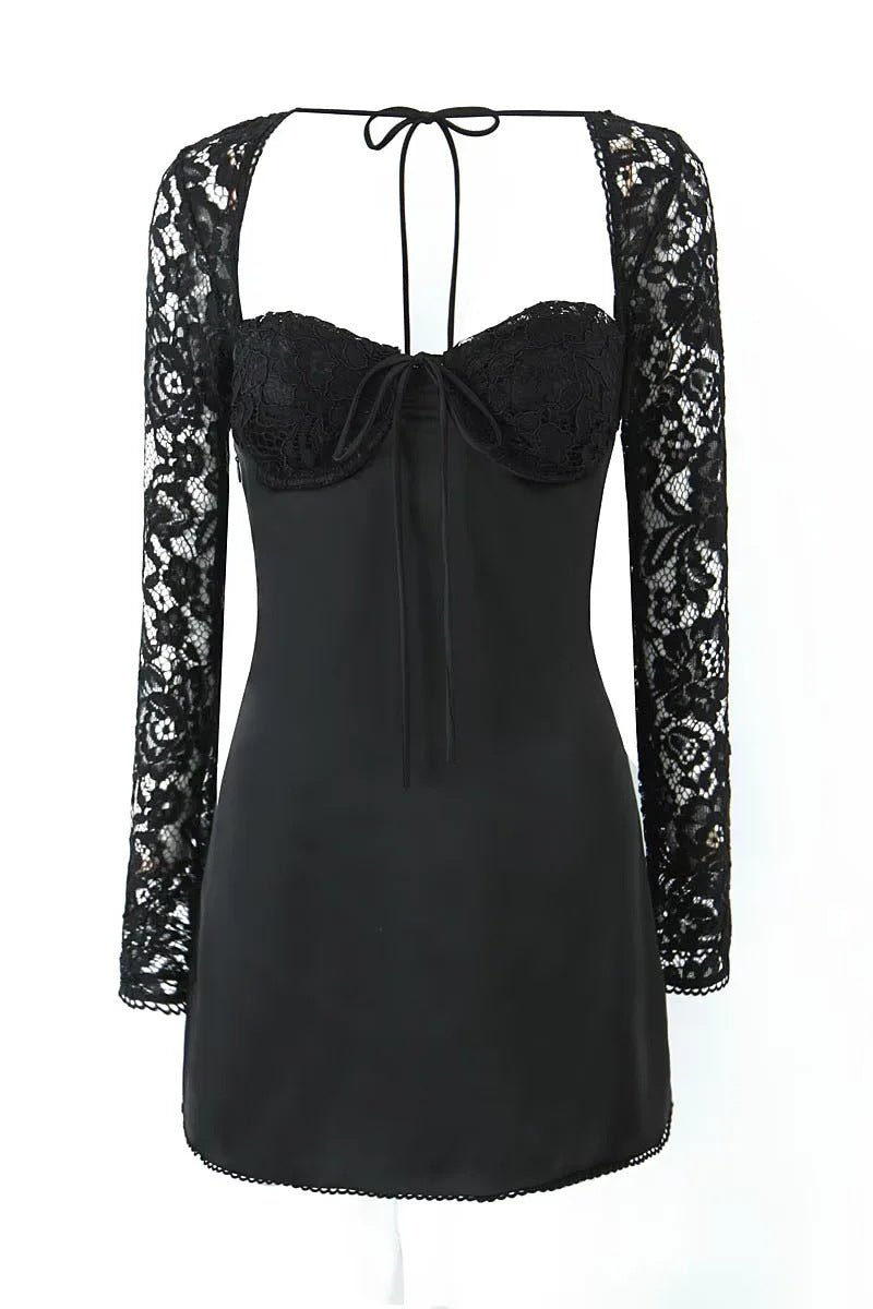 Bow Tie Black Lace Mini Dress with Long Sleeves