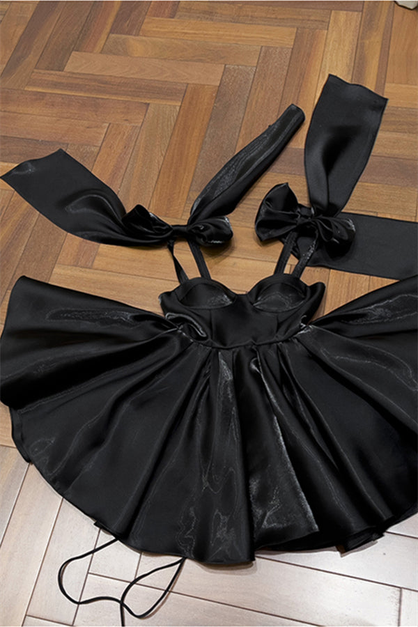Bow Tie Black Pleated A-line Short Dress PollyBoutique Bow Tie Black Pleated A-line Short Dress PollyBoutique
