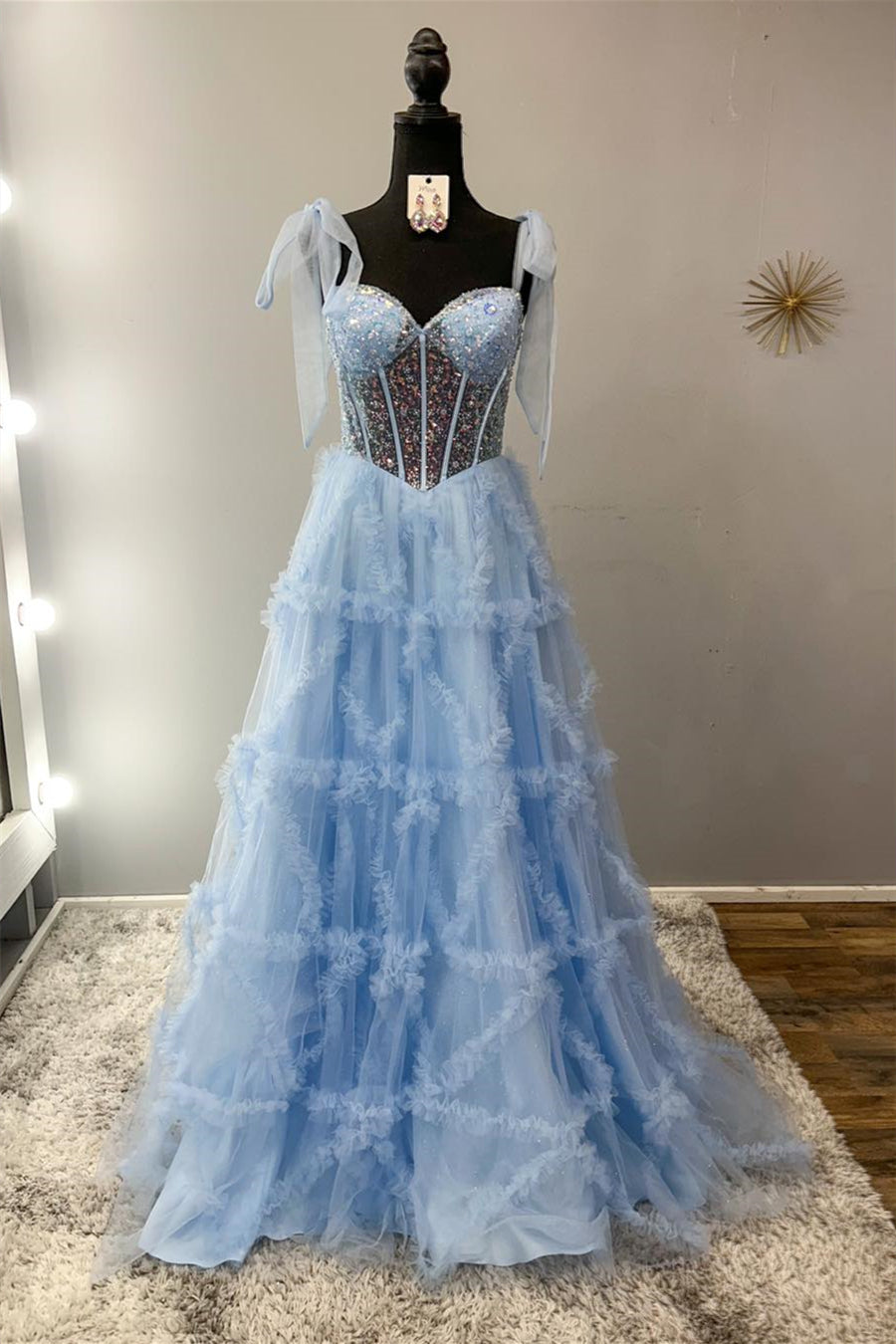 Bow Tie Blue Sequin Ruffled A-line Long Dress