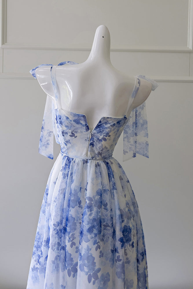 
                      
                        Bow Tie Blue and White Floral Print Long Dress
                      
                    