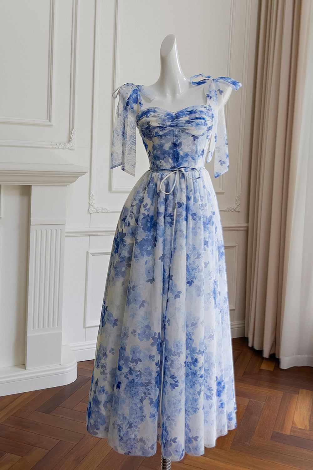 Bow Tie Blue and White Floral Print Long Dress