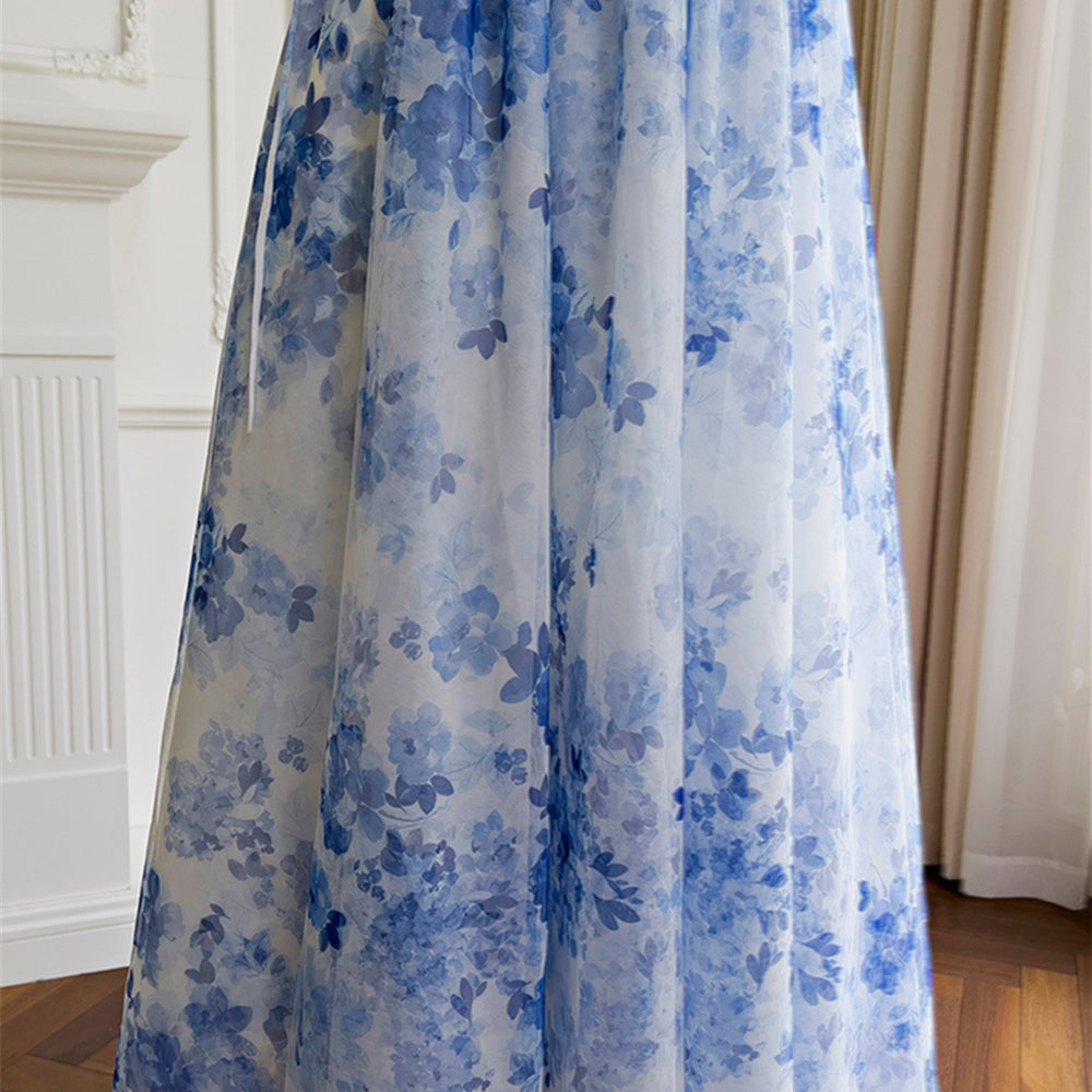 
                      
                        Bow Tie Blue and White Floral Print Long Dress
                      
                    