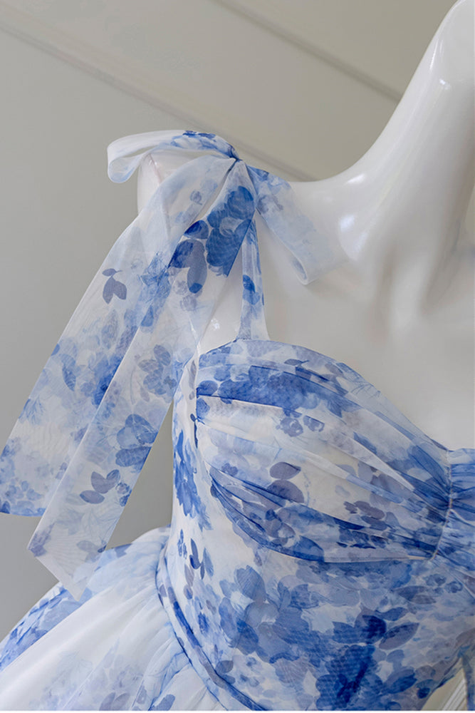 
                      
                        Bow Tie Blue and White Floral Print Long Dress
                      
                    