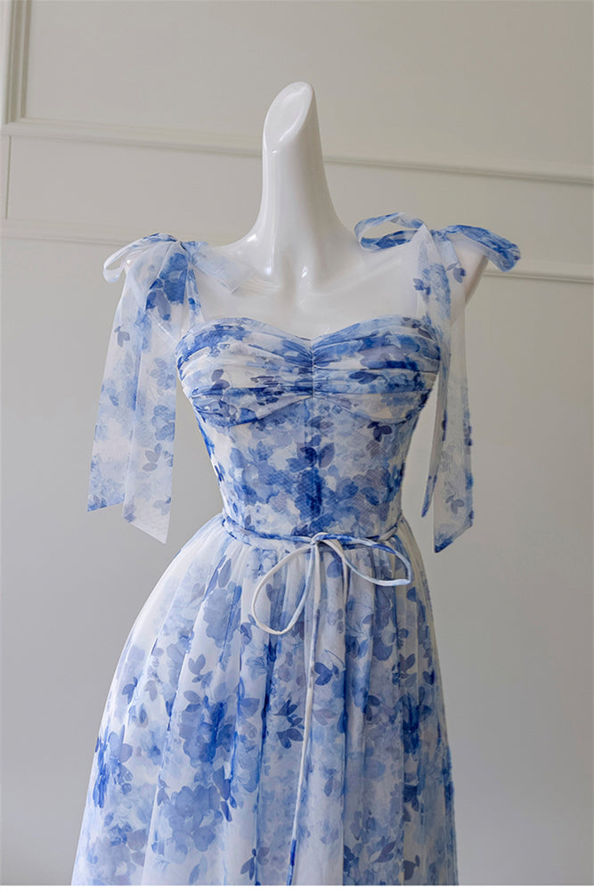 
                      
                        Bow Tie Blue and White Floral Print Long Dress
                      
                    