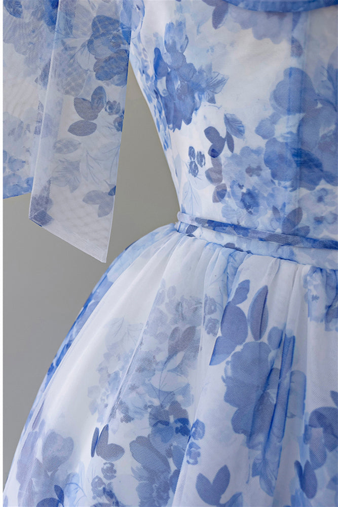 
                      
                        Bow Tie Blue and White Floral Print Long Dress
                      
                    