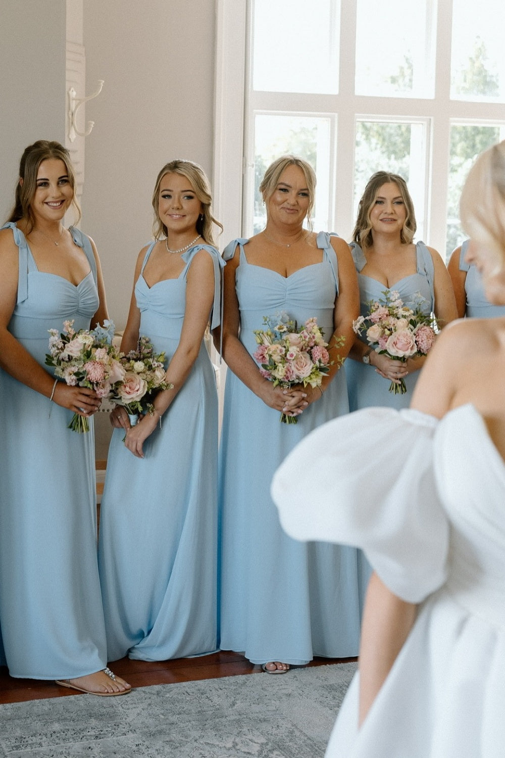 Bow Tie Dusty Blue Ruched Chiffon Bridesmaid Dress