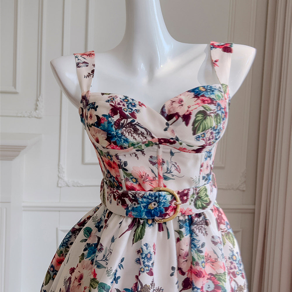
                      
                        Bow Tie Floral Print  A-line Short Dress with Belt
                      
                    