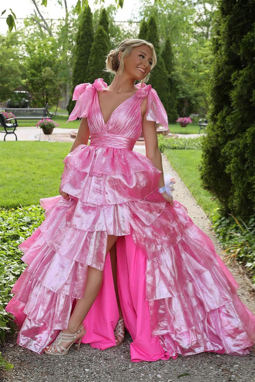 Bow Tie Fuchsia Tiered Long Dress with Slit – PollyBoutique