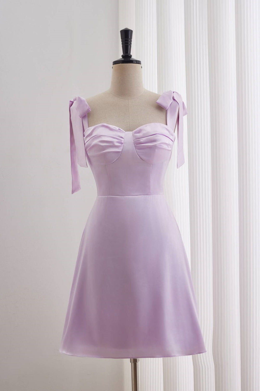 Bow Tie Lavender Ruched A-line Short Dress