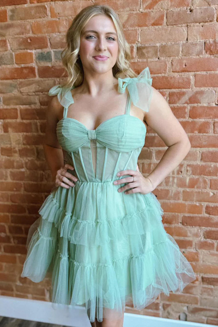 Bow Tie Mint Green Ruffle Tiered Short Dress