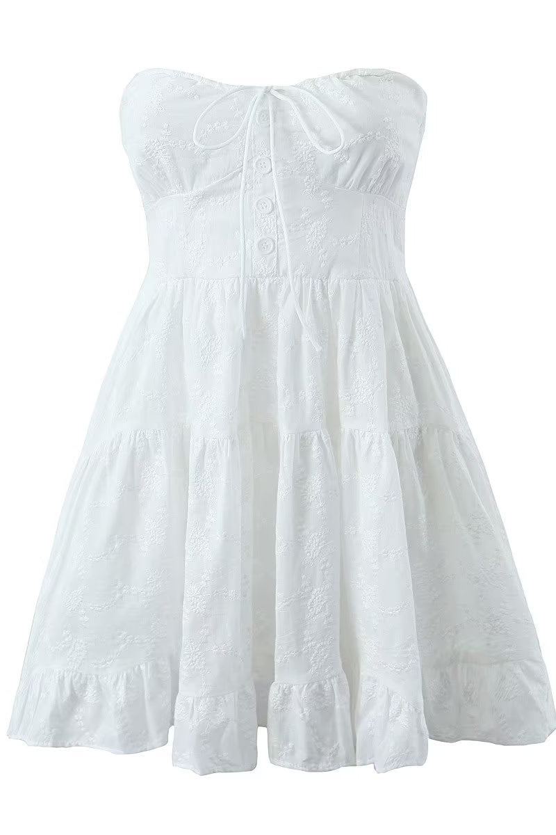 Bow Tie White Embroidery Short Dress with Button