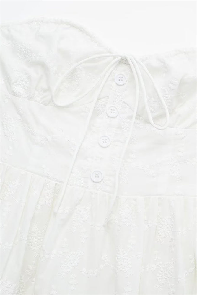 
                      
                        Bow Tie White Embroidery Short Dress with Button
                      
                    