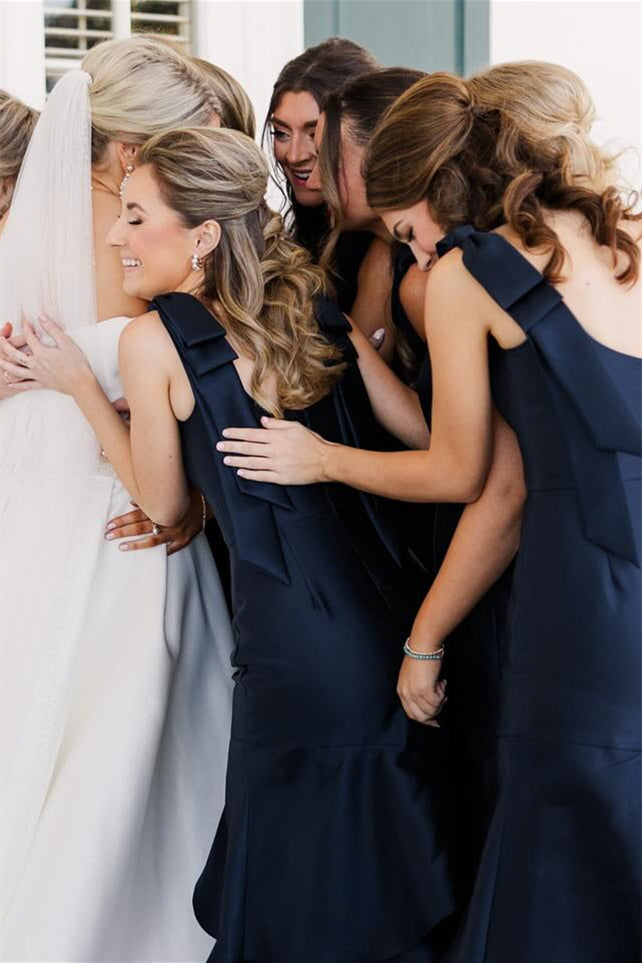 Bow Straps Dusty Blue Tiered Long Bridesmaid Dress