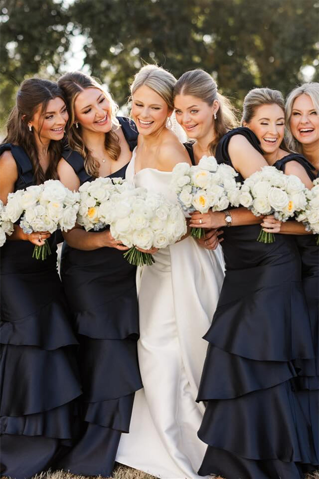 
                      
                        Bow Straps Dusty Blue Tiered Long Bridesmaid Dress
                      
                    