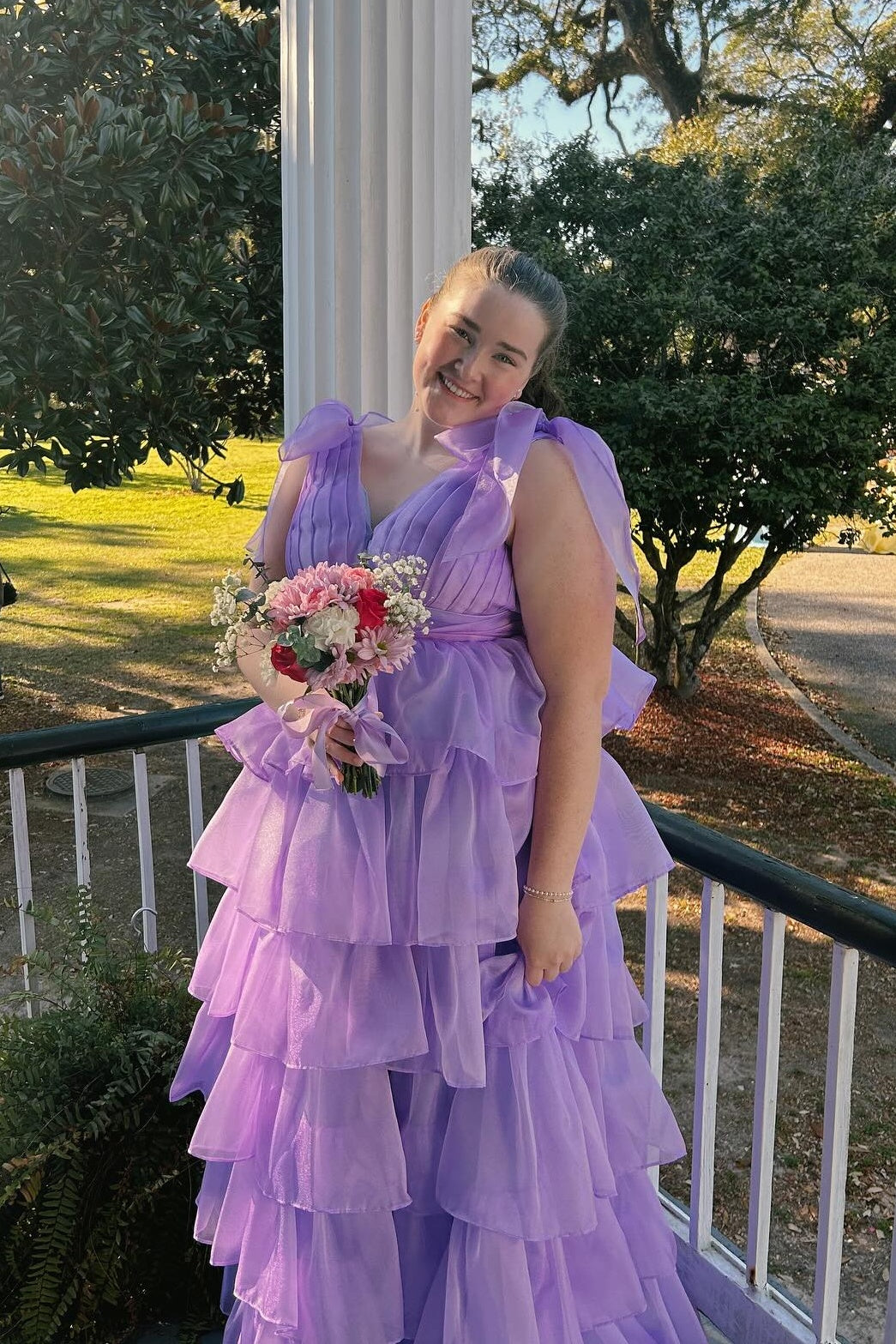Bow Tie Fuchsia Tiered Long Dress with Slit