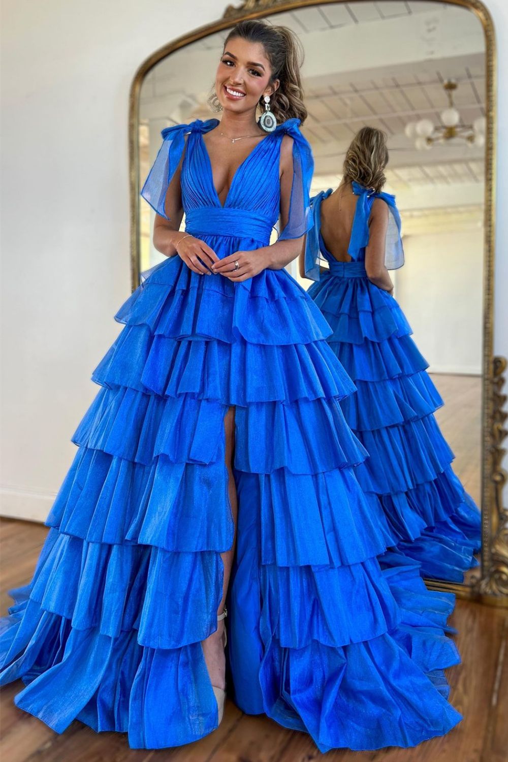 Bow Tie Fuchsia Tiered Long Dress with Slit – PollyBoutique