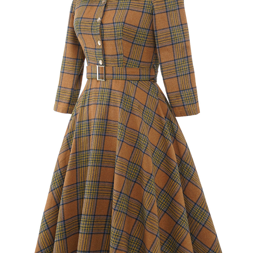 
                      
                        Brown 1950s Plaid 3/4 Sleeve Vintage Dress
                      
                    