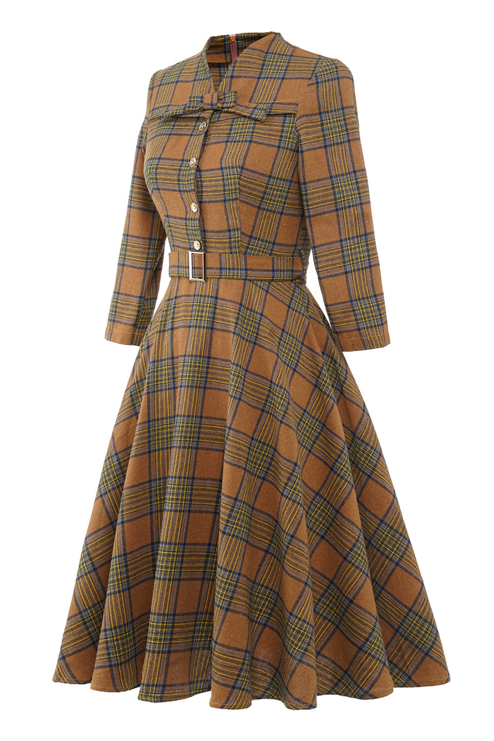 Brown 1950s Plaid 3/4 Sleeve Vintage Dress
