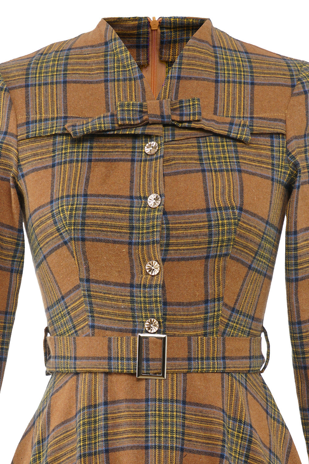 Brown 1950s Plaid 3/4 Sleeve Vintage Dress