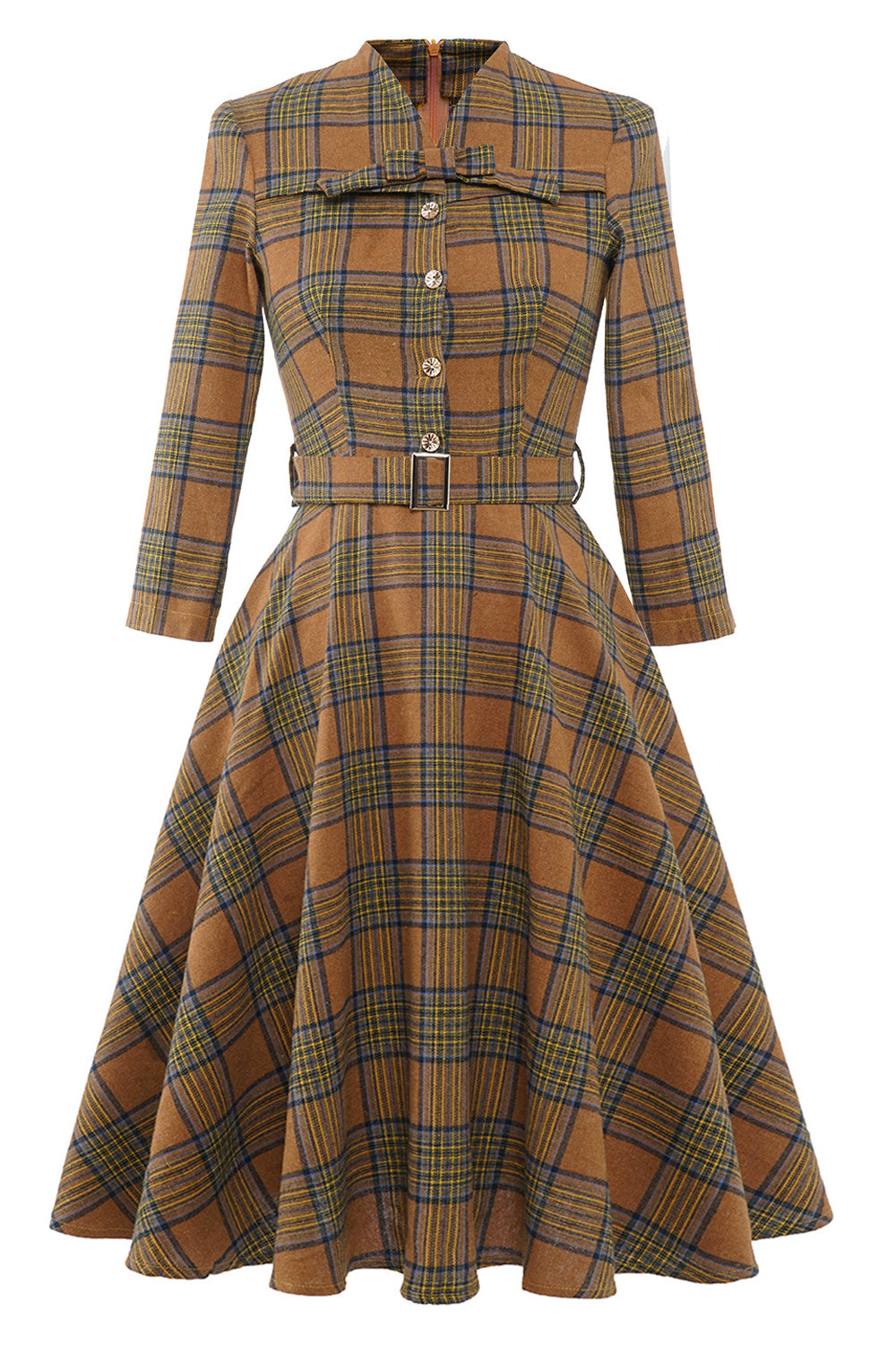 Brown 1950s Plaid 3/4 Sleeve Vintage Dress