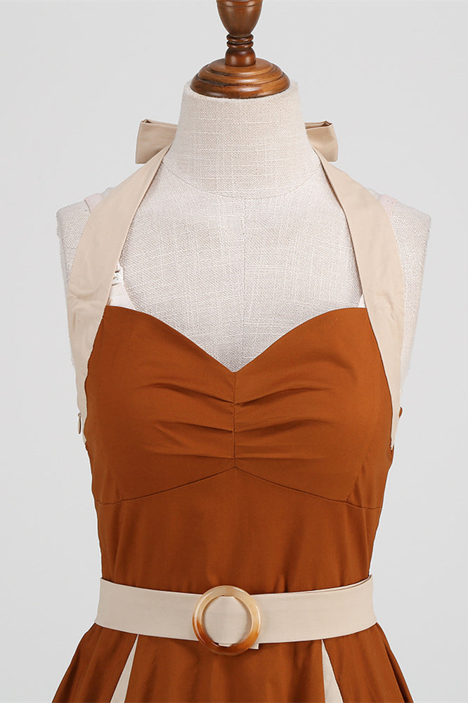 Brown 1950s Two-tone Halter Vintage Dress