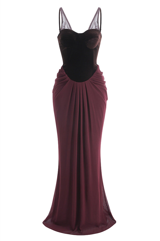 Brown Ruched Velvet and Mesh Patchwork Long Dress