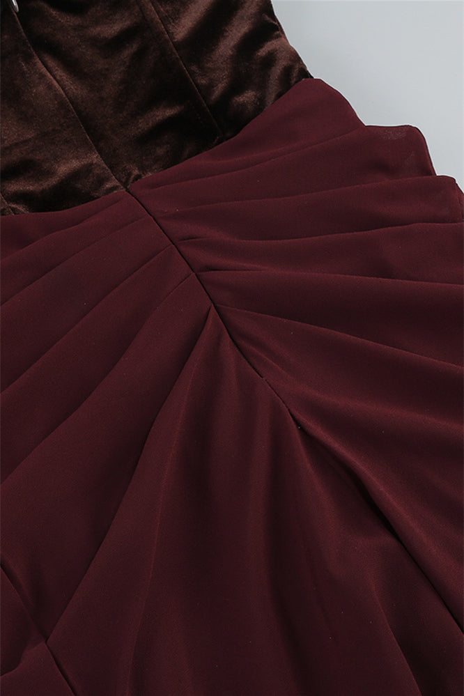 
                      
                        Brown Ruched Velvet and Mesh Patchwork Long Dress
                      
                    