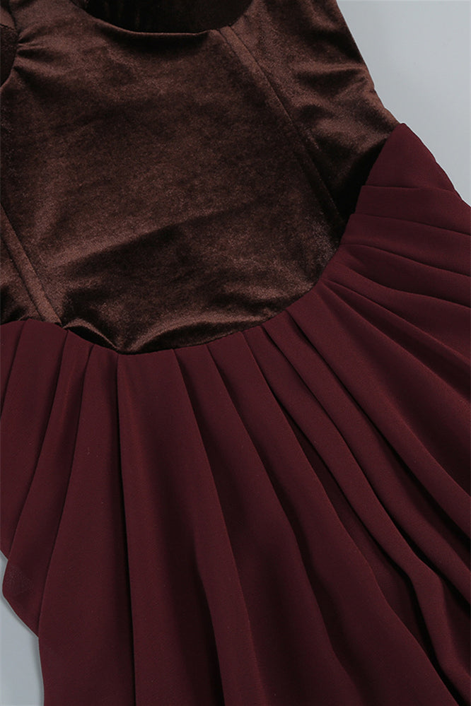 
                      
                        Brown Ruched Velvet and Mesh Patchwork Long Dress
                      
                    