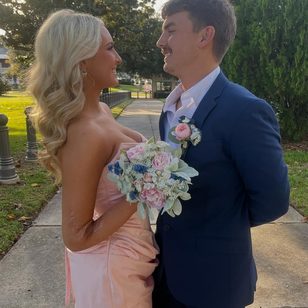 
                      
                        Cowl Neck Light Pink Short Dress with Side Train
                      
                    