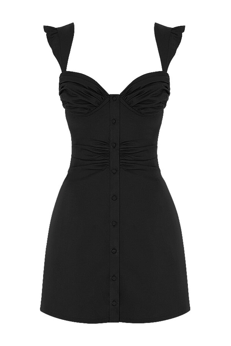 Cap Sleeve Black Button Front Short Party Dress