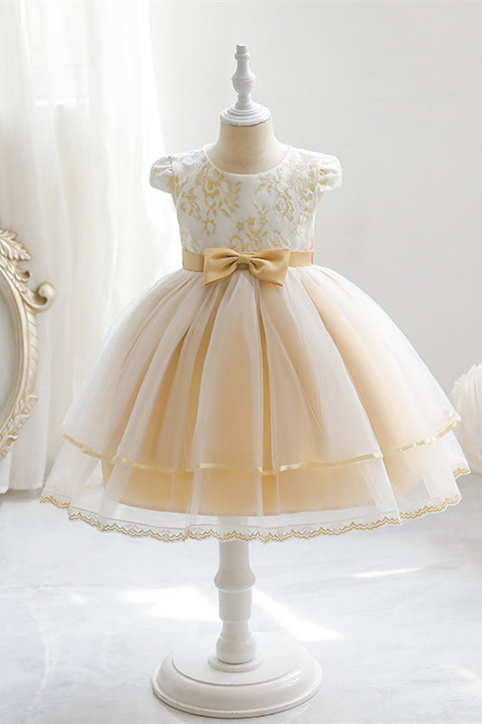 Cap Sleeves Light Yellow Tiered Flower Girl Dress