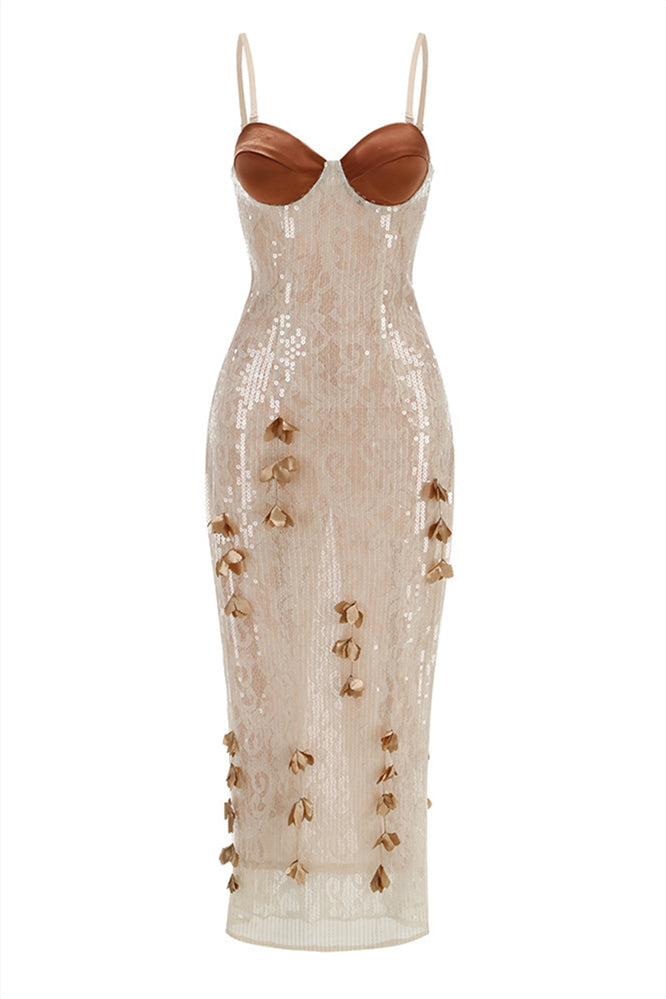 Champagne 3D Floral Sequin Long Dress with Slit