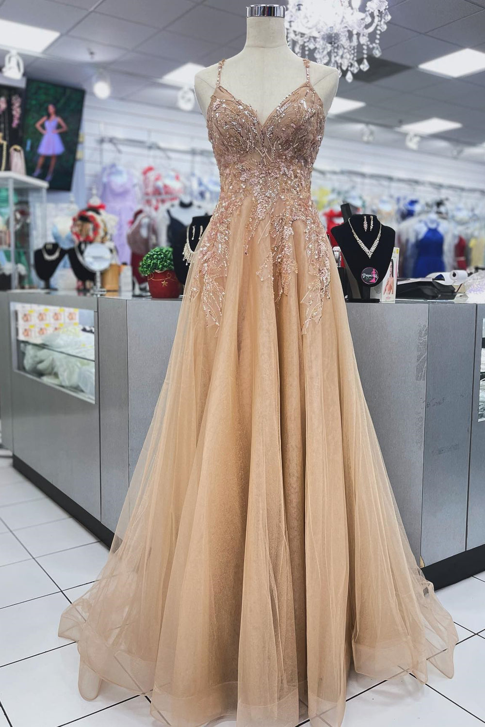 Champagne V Neck Beaded Long Formal Dress