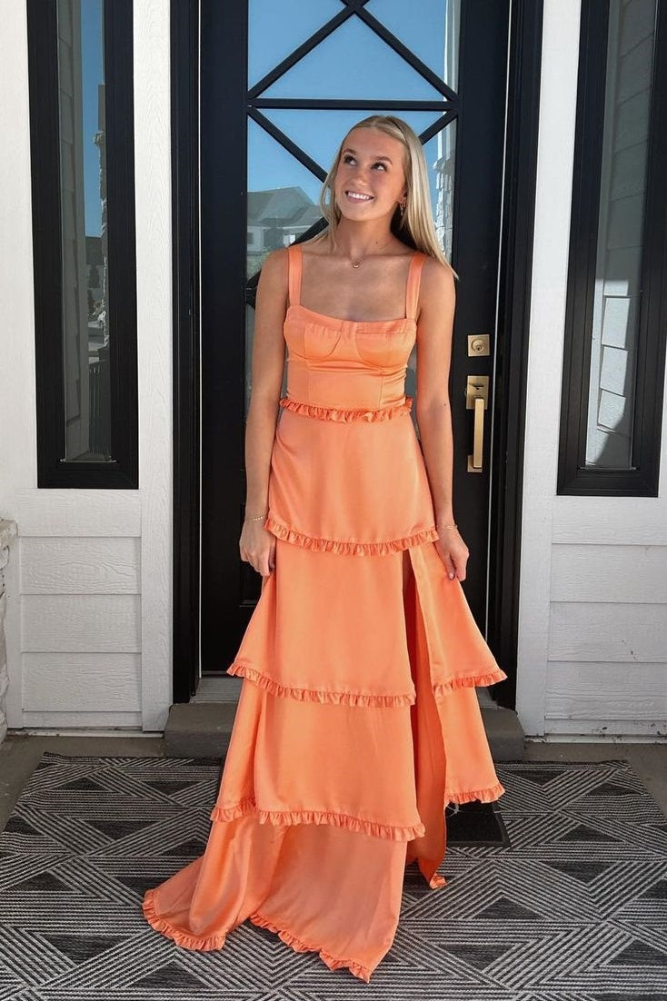 Orange Ruffle Hem Satin Long Dress with Slit