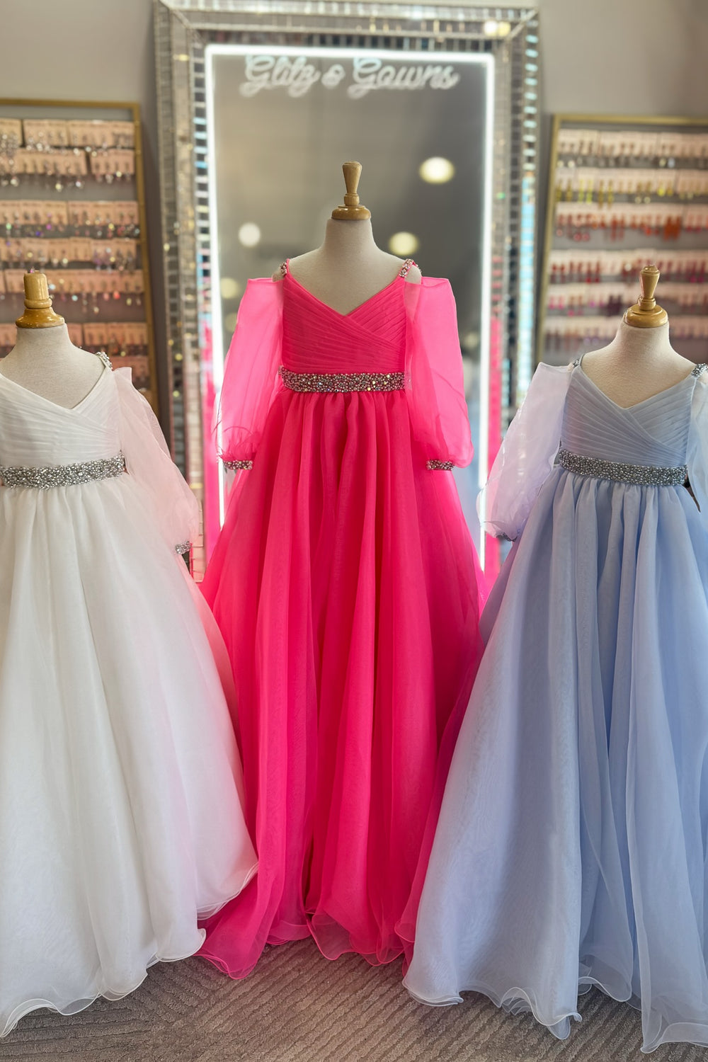 Cold Shoulder Bright Pink Girl Pageant Dress with Beaded