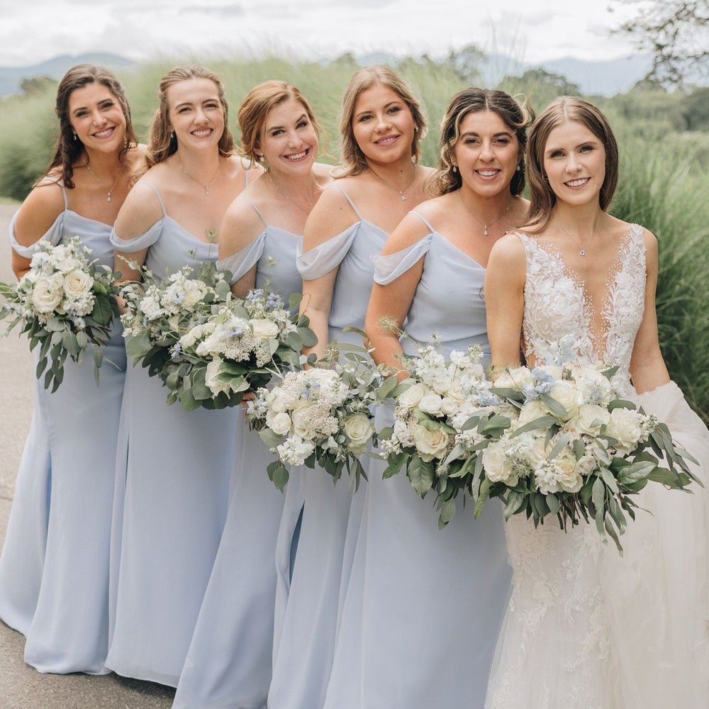 
                      
                        Cold Shoulder Dusty Blue Bridesmaid Dress with Slit
                      
                    