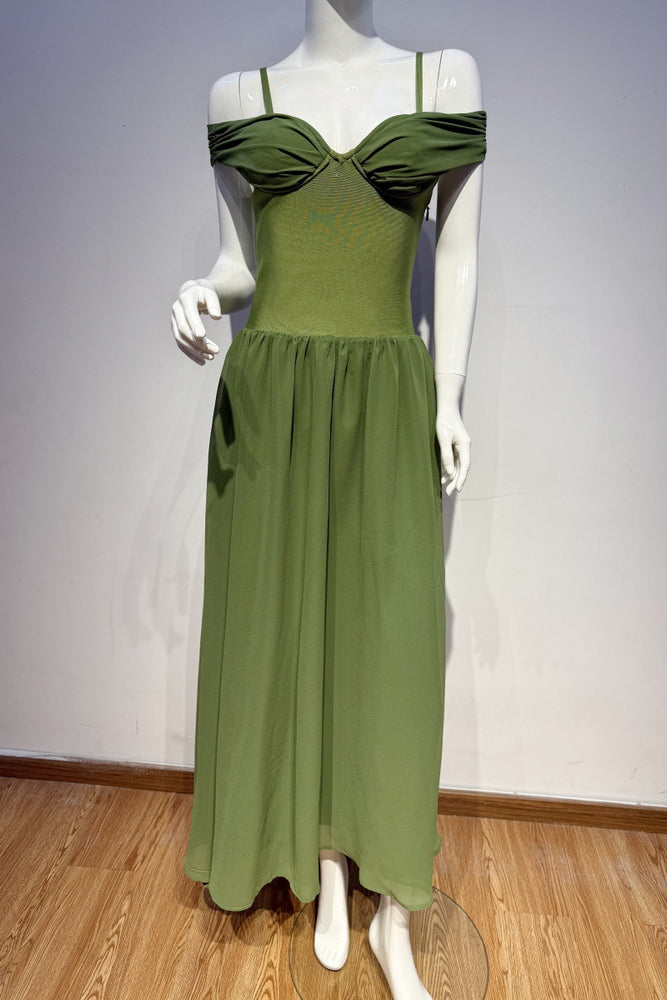 
                      
                        Cold Shoulder Green Ruched A-line Long Dress
                      
                    
