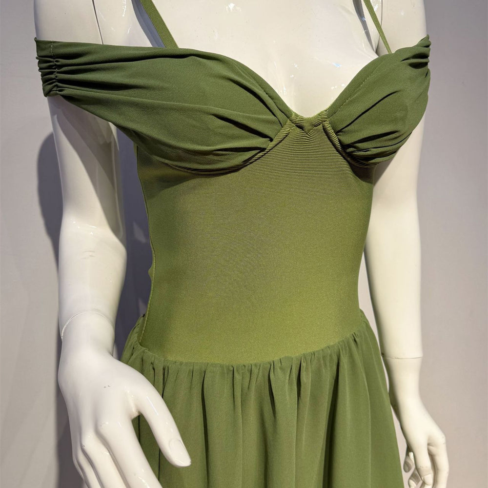 
                      
                        Cold Shoulder Green Ruched A-line Long Dress
                      
                    