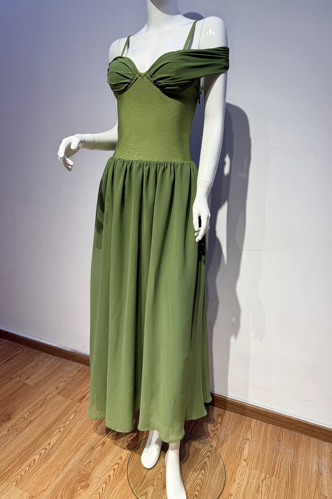 
                      
                        Cold Shoulder Green Ruched A-line Long Dress
                      
                    