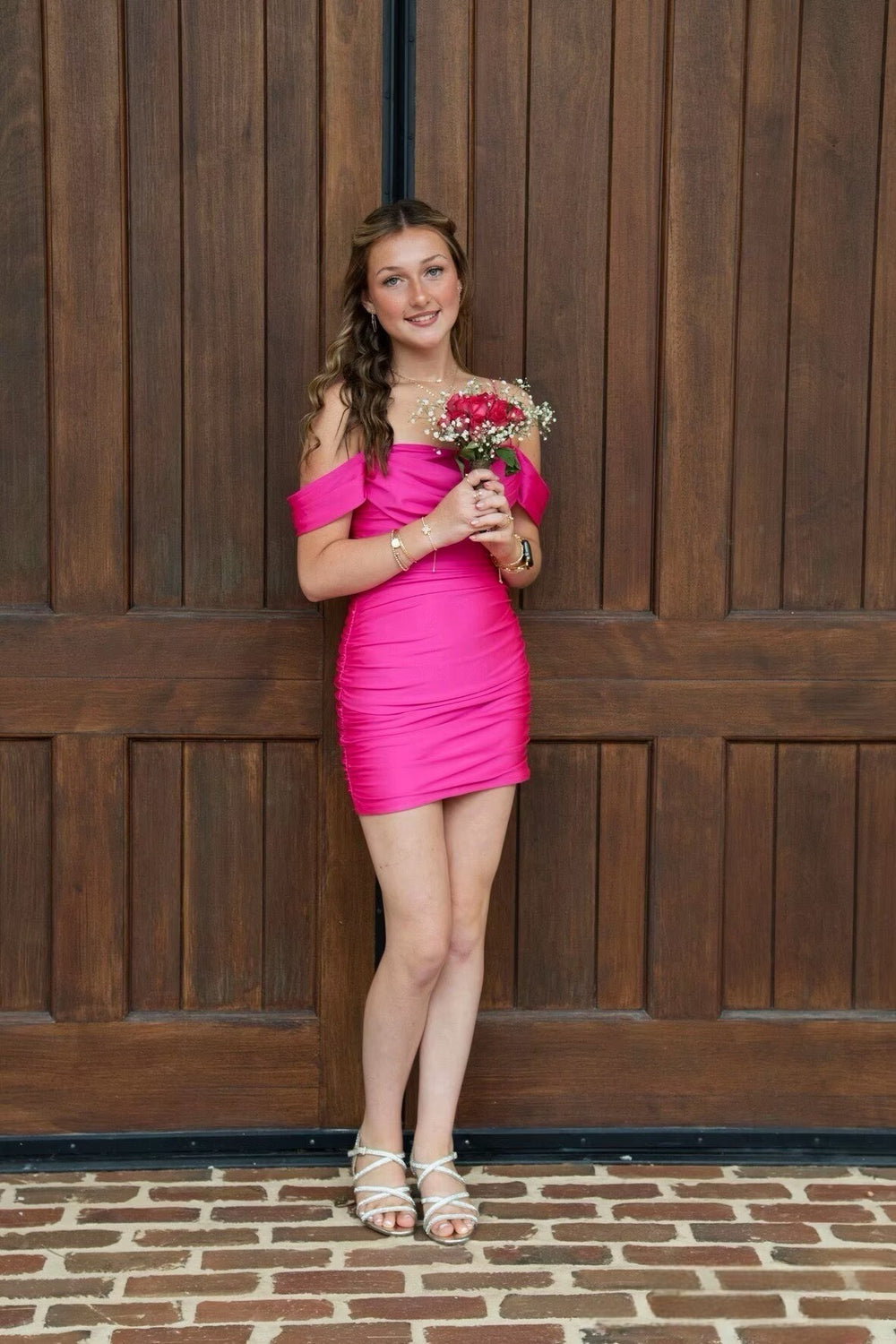 Cold Shoulder Hot Pink Ruched Bodycon Short Dress