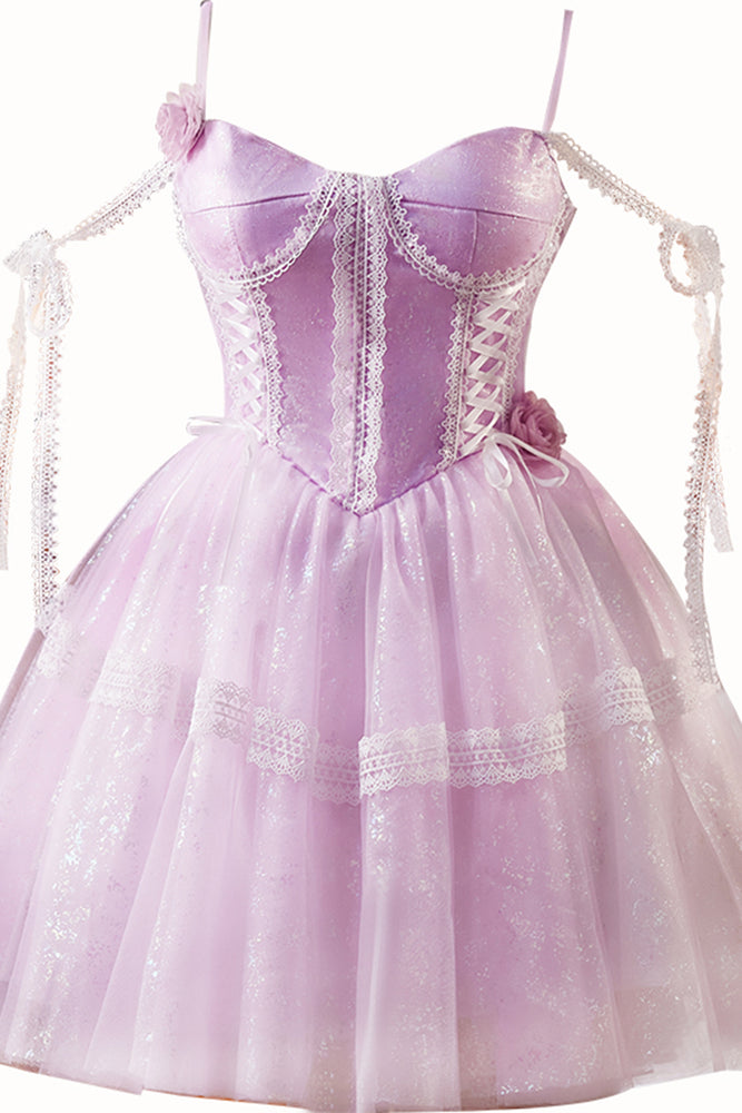 
                      
                        Cold Shoulder Lilac Lace Stitching Sparkle Short Dress
                      
                    