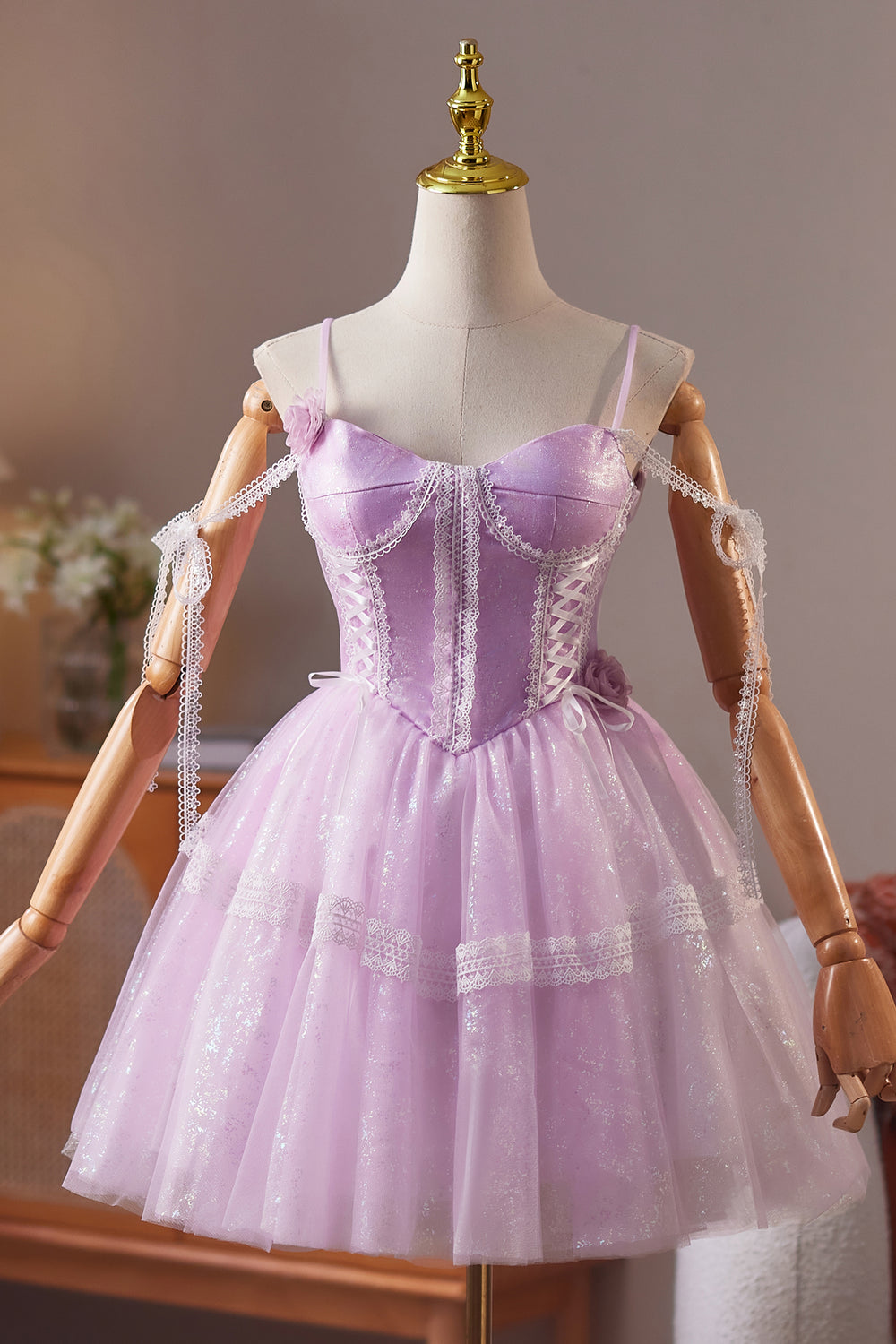 Cold Shoulder Lilac Lace Stitching Sparkle Short Dress