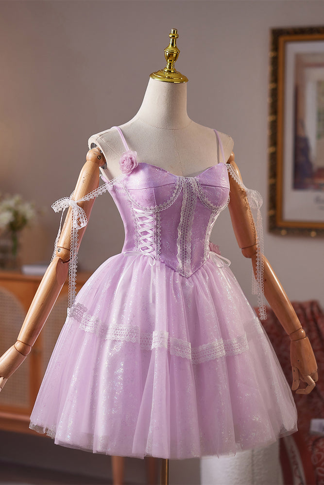 
                      
                        Cold Shoulder Lilac Lace Stitching Sparkle Short Dress
                      
                    