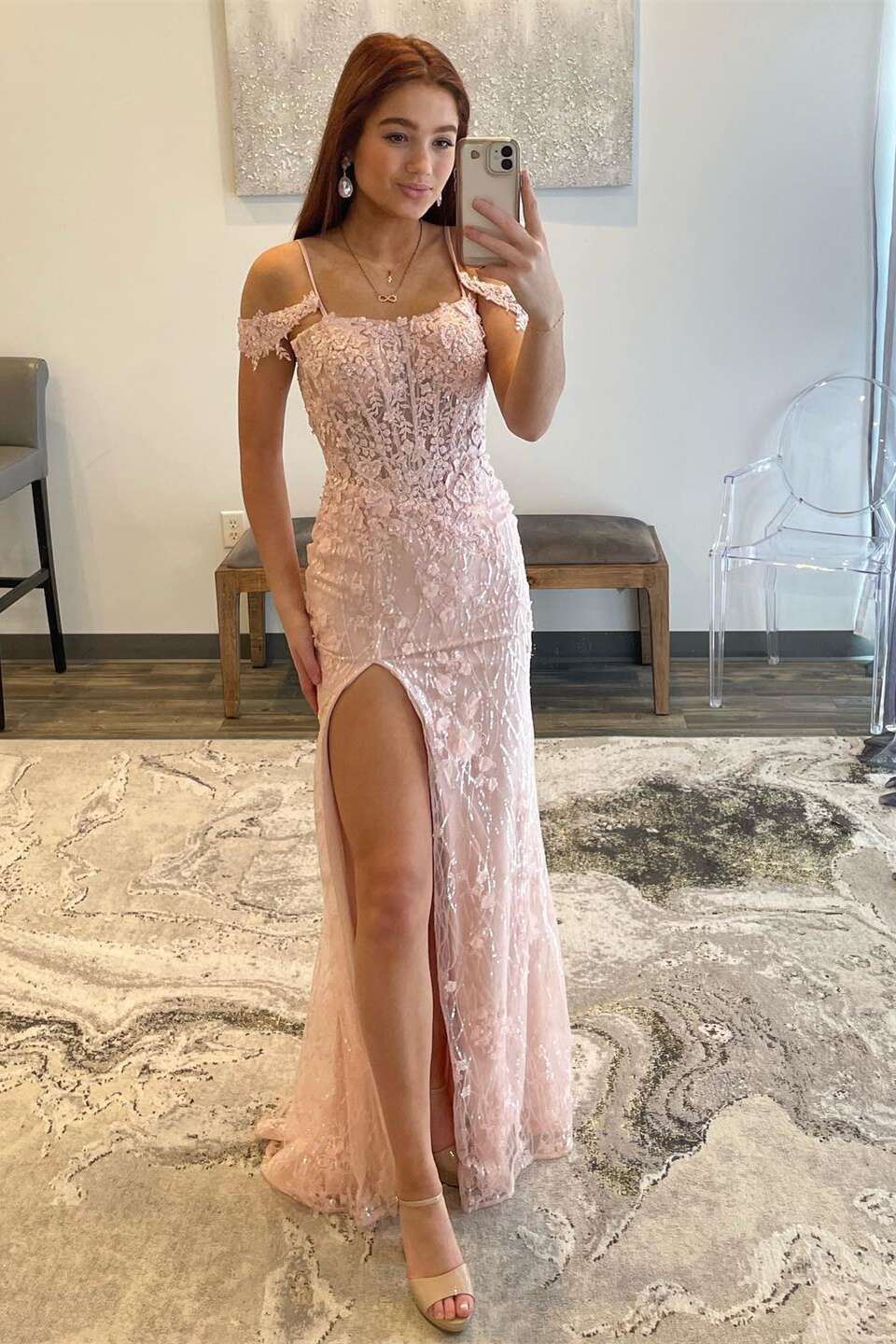 Cold Shoulder Pink Appliques Long Dress with Slit