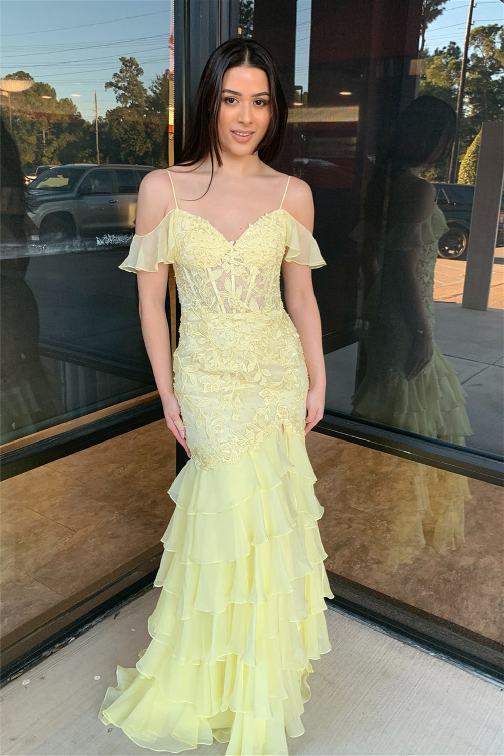 Cold Shoulder Yellow Appliques Tiered Long Dress