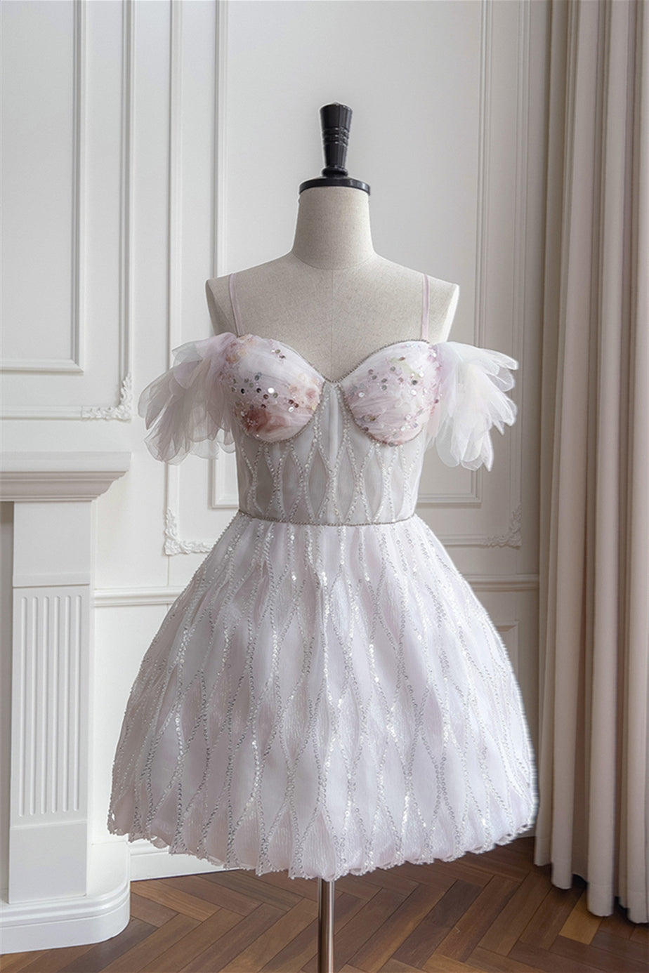 Cold Shoulder White Sequin Tulle Short Dress