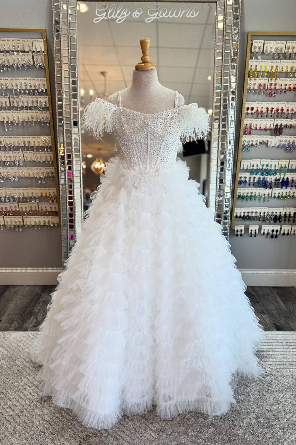 Cold Shoulder White Tiered Girl Pageant Dress with Feather