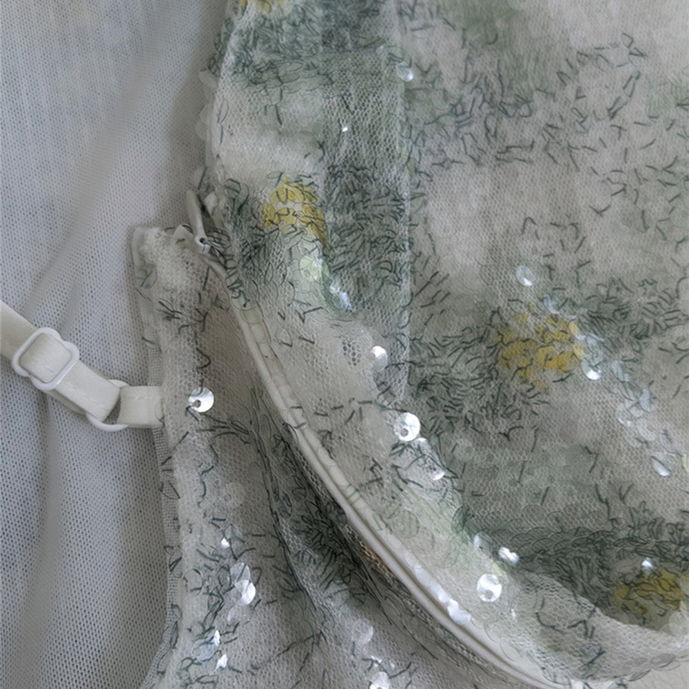 
                      
                        Cow Neck Green Floral Print Sequin Short Dress
                      
                    