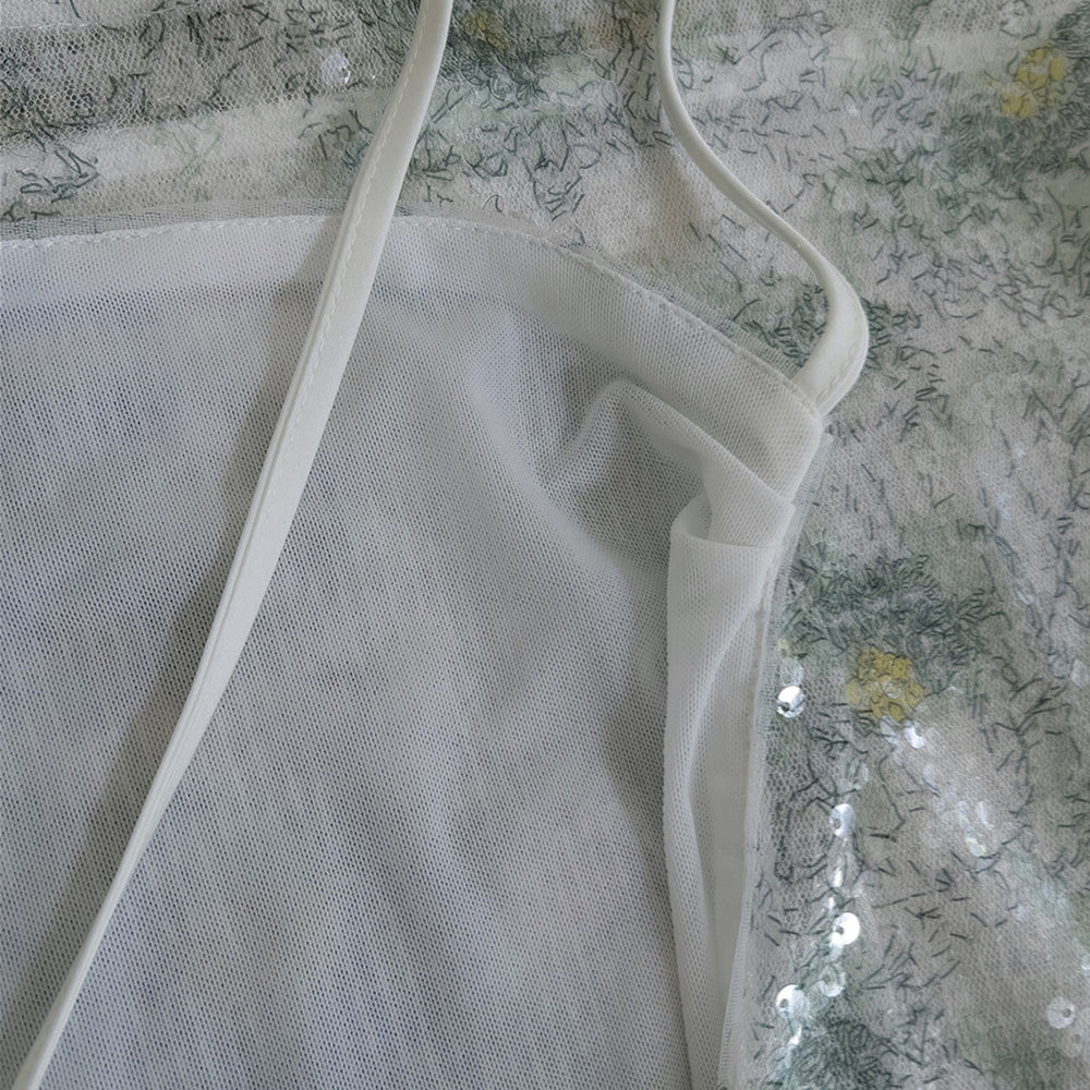 
                      
                        Cow Neck Green Floral Print Sequin Short Dress
                      
                    